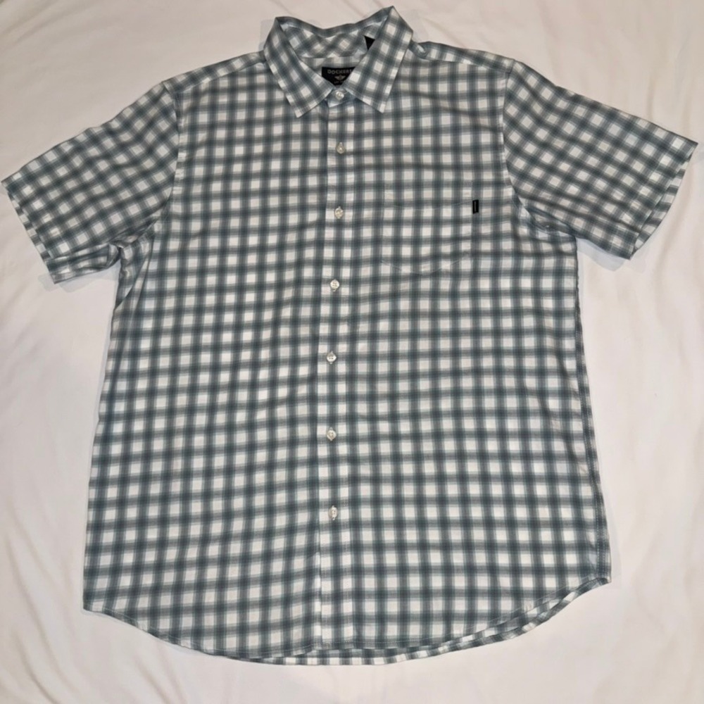 Dockers‎ Button Down Shirt Mens Large Teal White Plaid Short Sleeve Cotton Blend